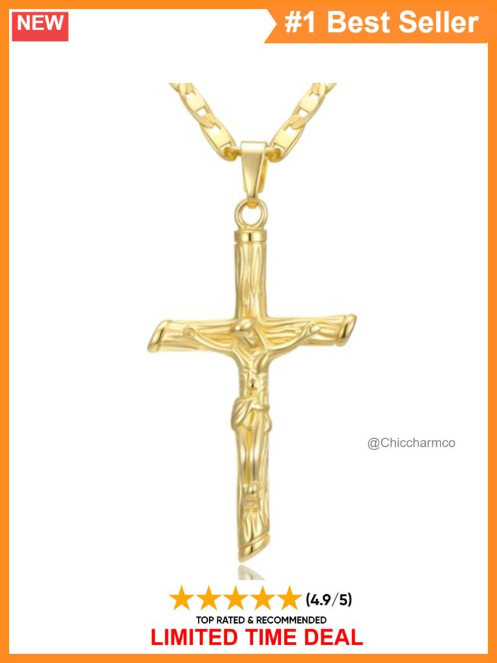 14K Gold Plated Cross Necklace 3.4mm Sun Chain Jesus Crucifix Pendant